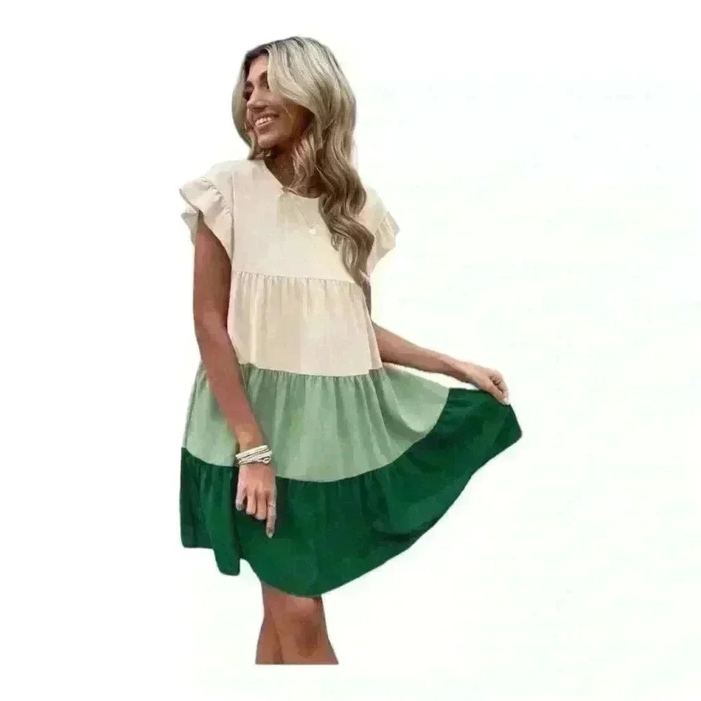 Brand New Forest Green, Light Green and White Three-Color Patchwork Doll Dress